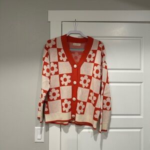 Floral Checkered Red and Cream Women's Sweater